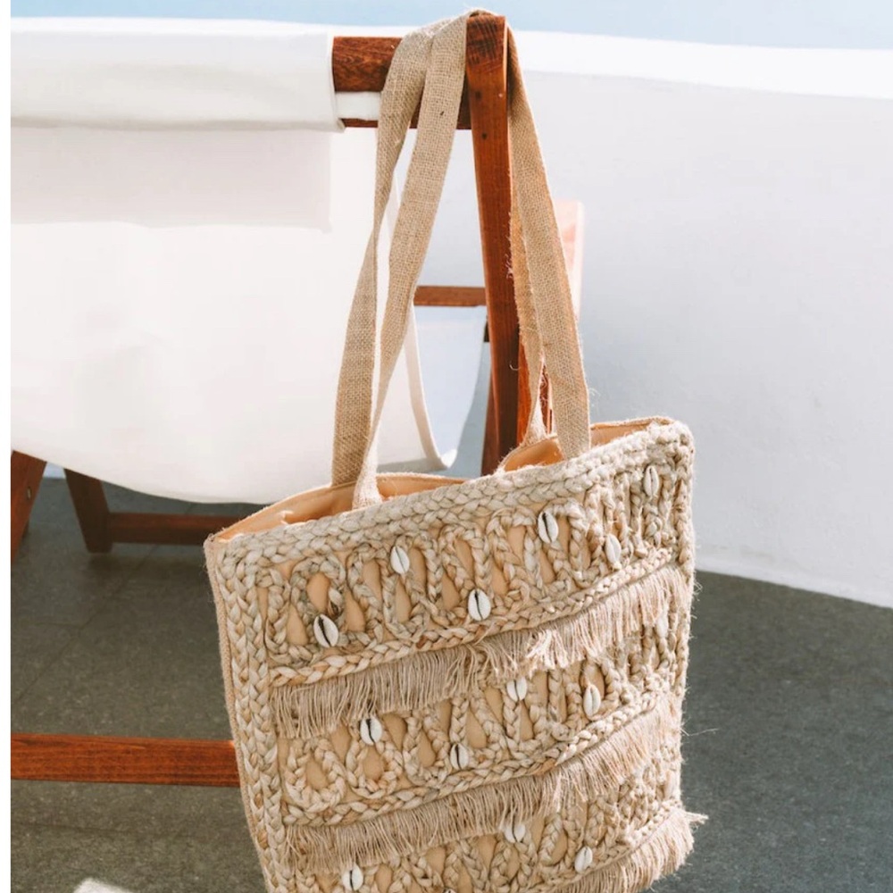 Tan Woven Tote Bag with Intricate Detailing